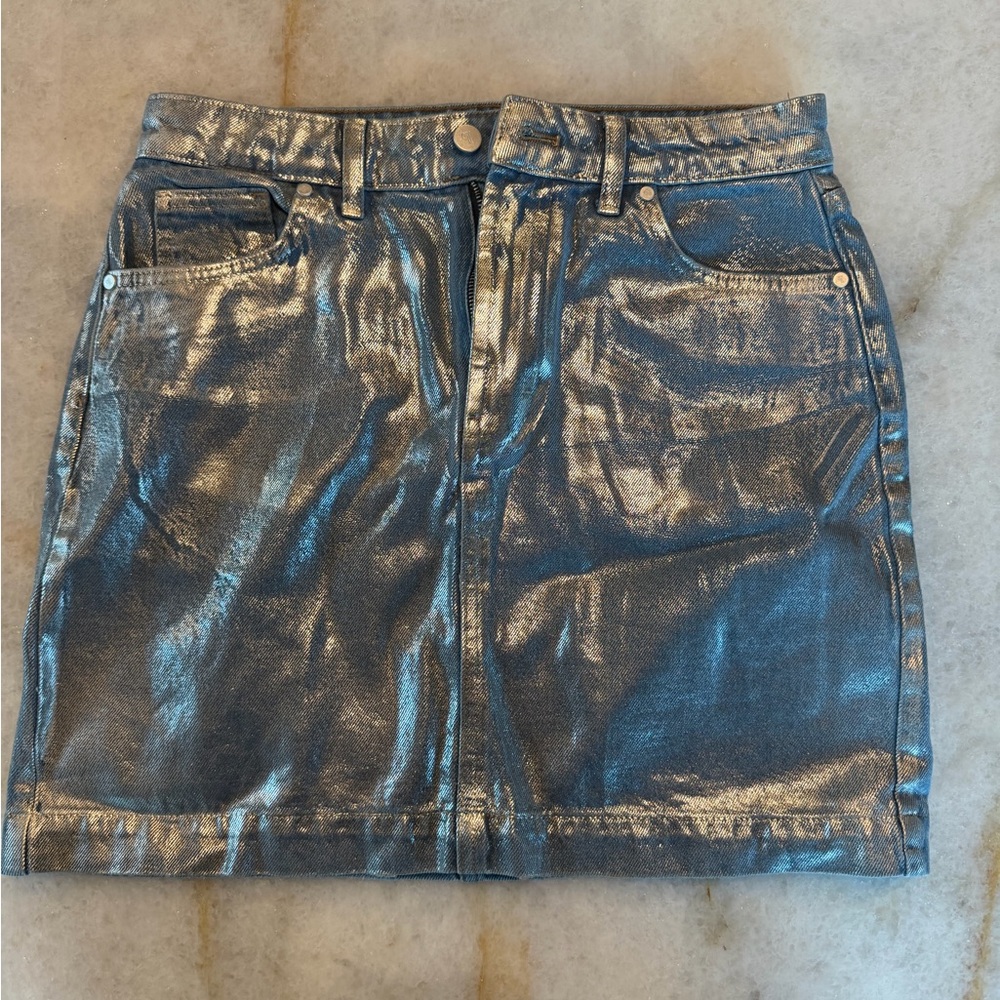 Anthropologie Pilcro Metallic Silver Blue Denim Mini Skirt Sz 10